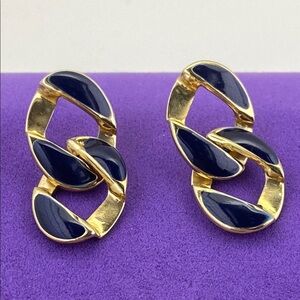 💛 Vintage Gold Navy Enamel Chain Link Earrings